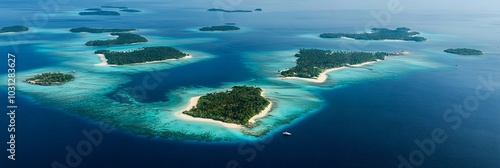 As the airplane flies over a vast archipelago, dozens of small islands, each with its own beach, can be seen scattered across the ocean