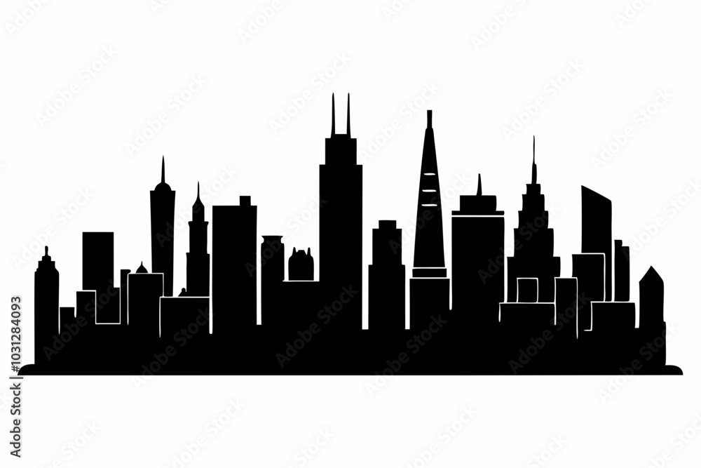 Naklejka premium Chicago City Skyline Silhouette, City buildings black Silhouette vector 