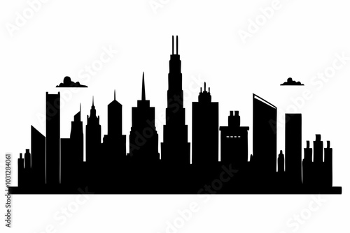 Chicago City Skyline Silhouette, City buildings black Silhouette vector	
