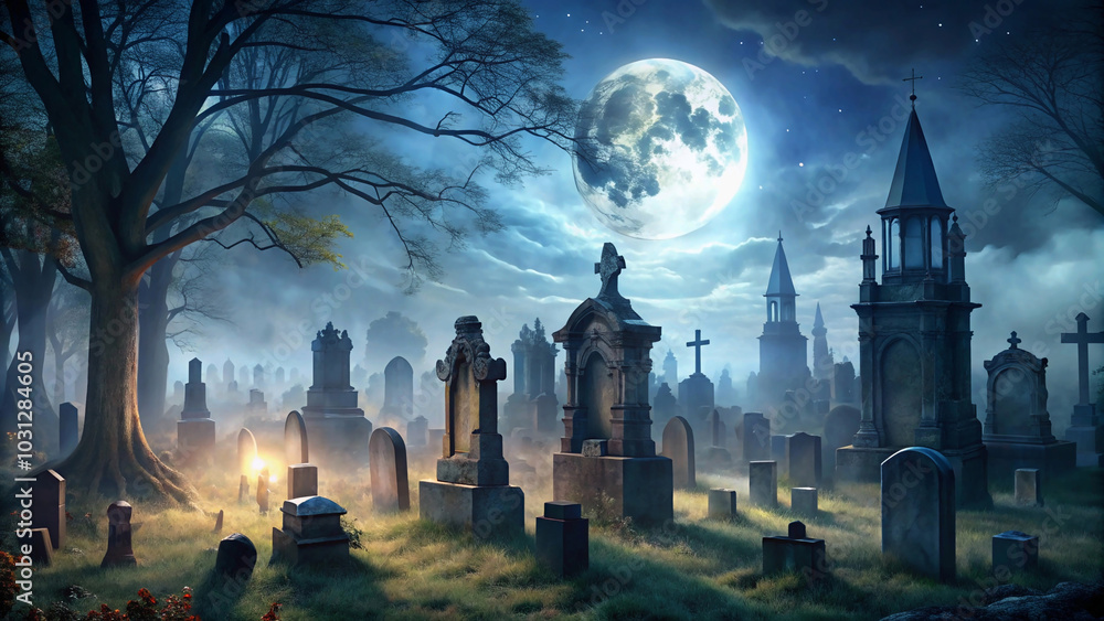 halloween night scene haunting scene of a moonlit cemetery, with towering tombstones and a single flickering candle casting eerie shadows. halloween night scene haunting scene of a moonlit cemetery, with towering tombstones and a single flickering candle casting eerie shadows.