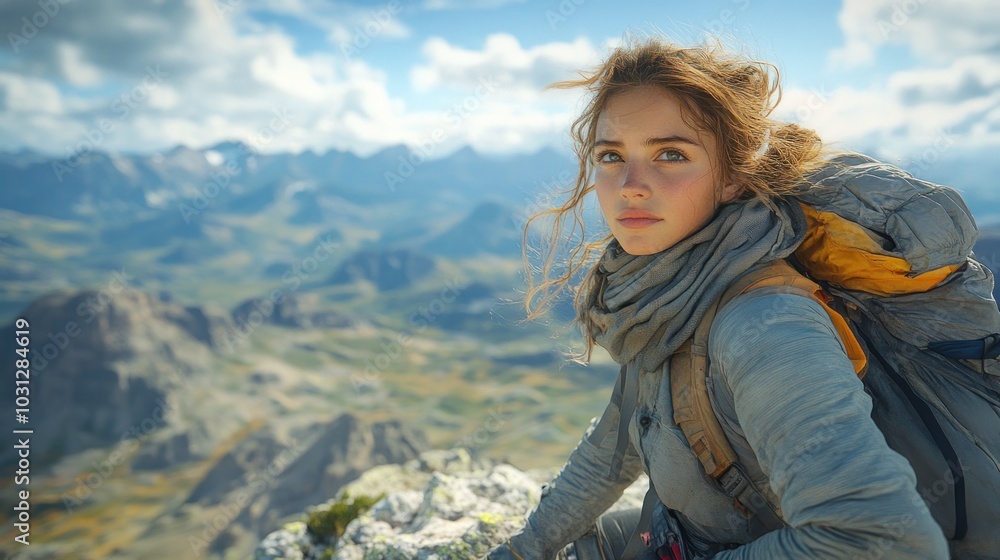 Adventurous young woman gazing over a breathtaking mountain landscape. Adventurous young woman gazing over a breathtaking mountain landscape.