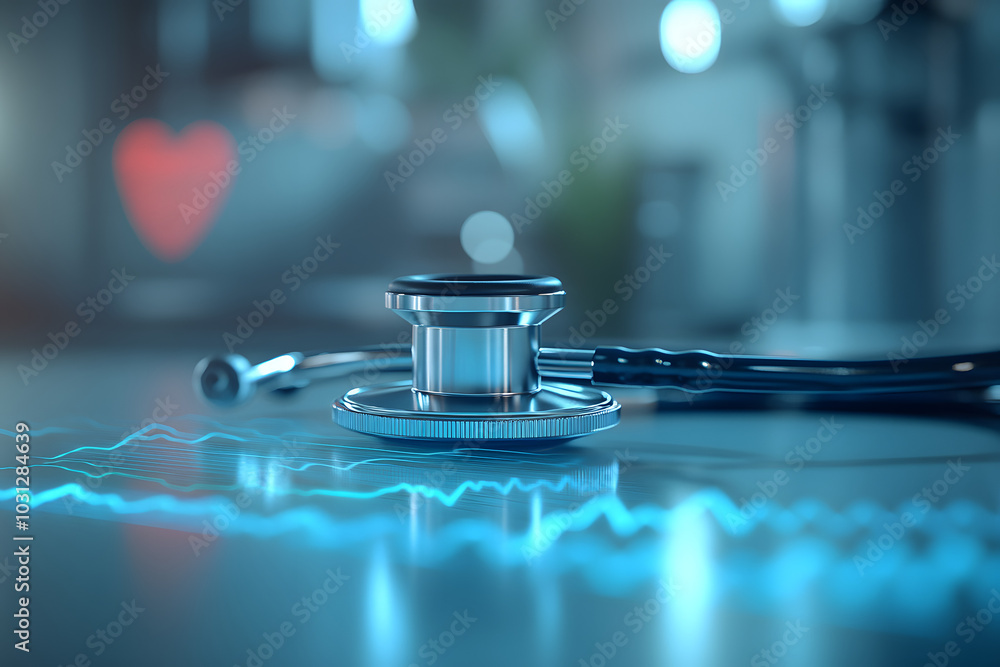 Stethoscope with heart beat report and doctor analyzing checkup on laptop in health medical laboratory background.
Stethoscope with heart beat report and doctor analyzing checkup on laptop in health medical laboratory background.