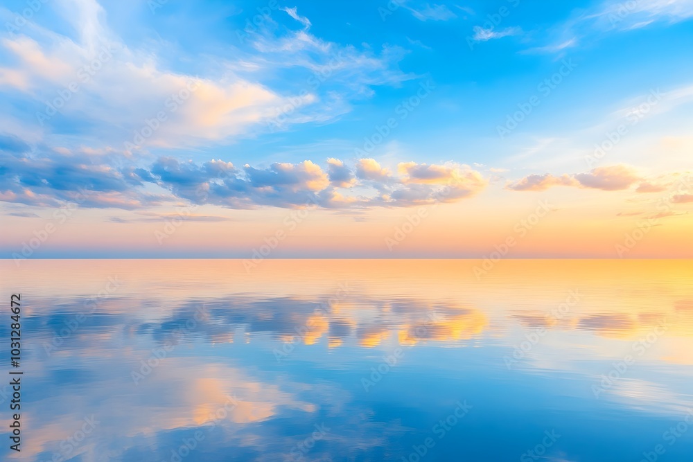Tranquil ocean sunset with perfect reflection on the calm water surface Tranquil ocean sunset with perfect reflection on the calm water surface