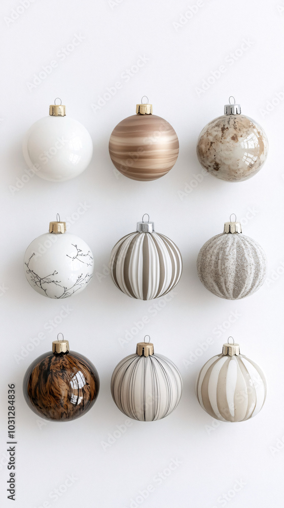 christmas ornament collection with white brown and beige striped patterned balls on white background christmas ornament collection with white brown and beige striped patterned balls on white background