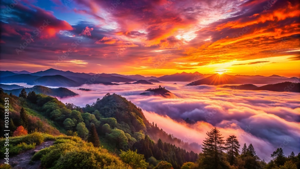 Breathtaking Sunset Over Misty Mountains with Vibrant Hues of Orange, Pink, and Purple in a Serene Natural Landscape Breathtaking Sunset Over Misty Mountains with Vibrant Hues of Orange, Pink, and Purple in a Serene Natural Landscape