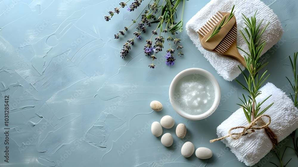 Spa products with rosemary and lavender on blue textured background. Botanical flat lay concept with copy space. Design for banner, spa blog, marketing, poster, wellness catalog. Spa products with rosemary and lavender on blue textured background. Botanical flat lay concept with copy space. Design for banner, spa blog, marketing, poster, wellness catalog.