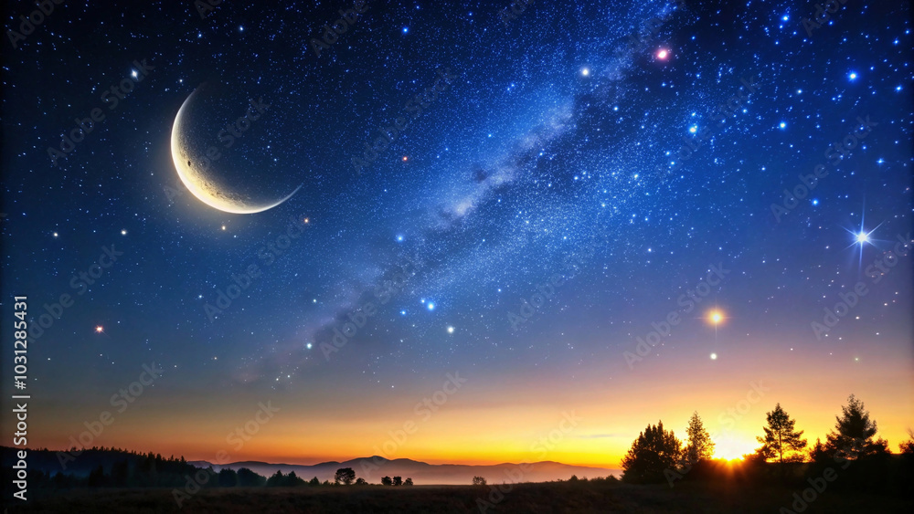 breathtaking celestial panorama showcasing the Milky Way galaxy, a luminous crescent moon, and a tapestry of twinkling stars against a deep blue night sky. breathtaking celestial panorama showcasing the Milky Way galaxy, a luminous crescent moon, and a tapestry of twinkling stars against a deep blue night sky.
