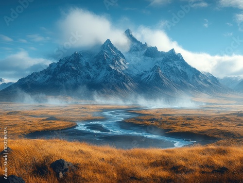 Majestic mountain landscape with a winding river and golden grass.