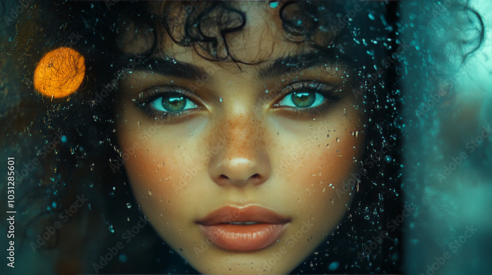 Close-up portrait of a young woman with curly hair looking through a window with raindrops. Close-up portrait of a young woman with curly hair looking through a window with raindrops.