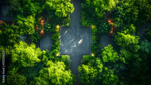 Aerial view of a serene, gr...