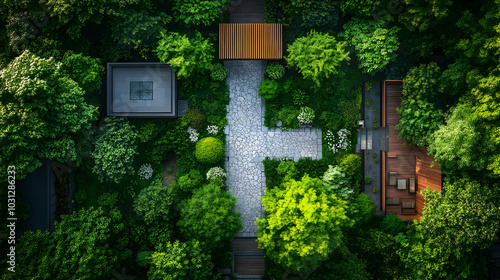Aerial view of a lush garde...