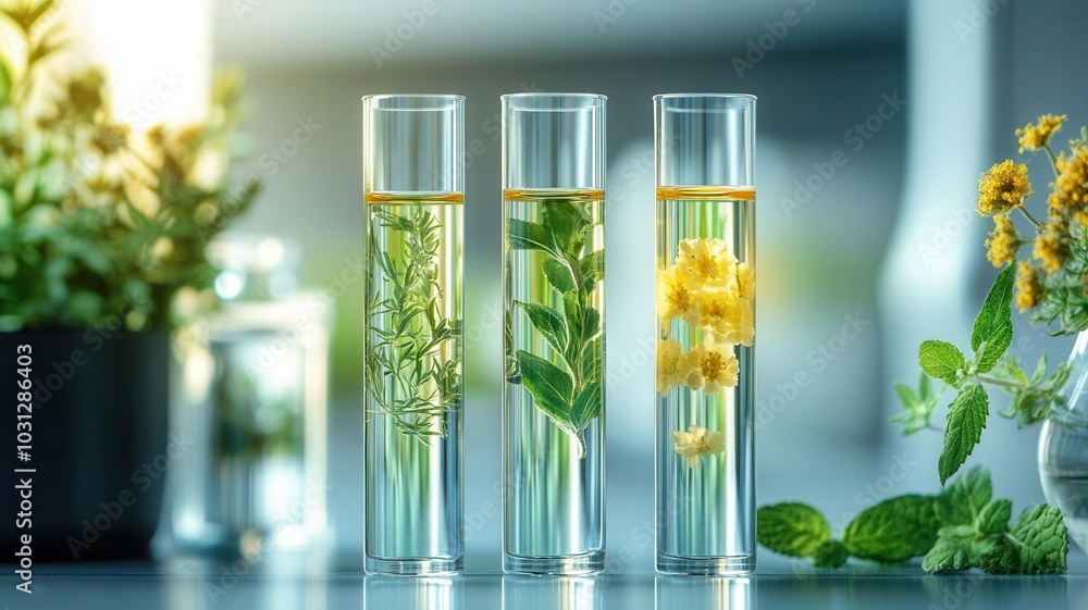 Glass tubes filled with herbal liquids in a sterile lab setting, showcasing the intersection of science and nature in skincare Glass tubes filled with herbal liquids in a sterile lab setting, showcasing the intersection of science and nature in skincare