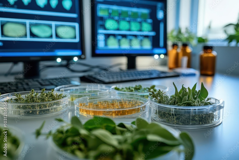 Herbs in petri dishes, scientific workspace Herbs in petri dishes, scientific workspace