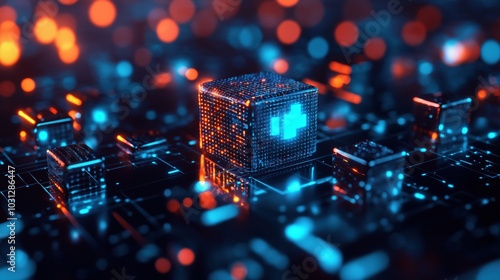 Glowing futuristic geometric shapes and cubes forming an abstract digital landscape with a technology driven cyberpunk inspired aesthetic