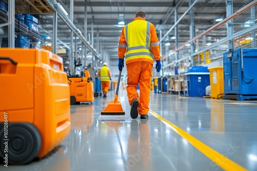 Wallpaper Mural Industrial janitor in a vibrant orange uniform mopping the floor of a clean, well-organized modern warehouse facility. Torontodigital.ca