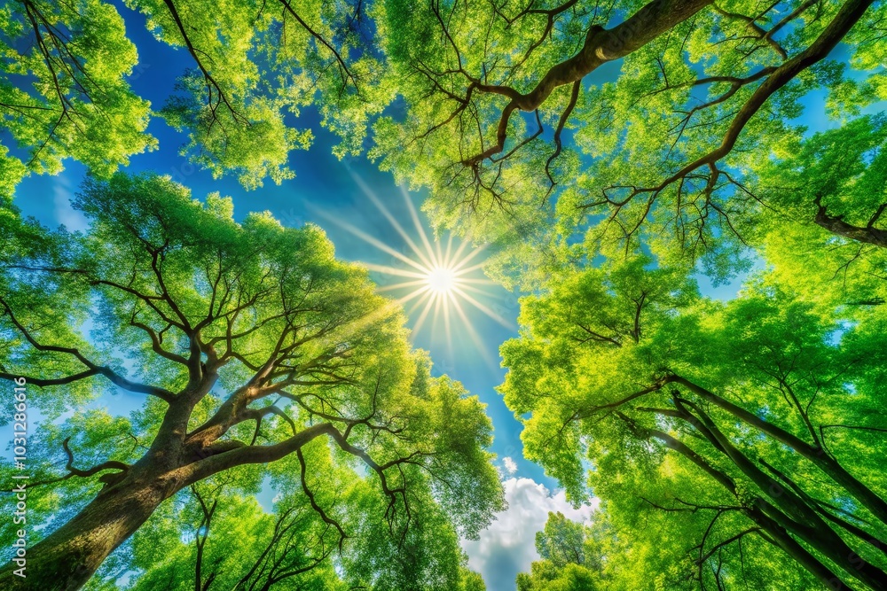 Fototapeta premium Bright Sunlight Through Green Tree Branches - Nature Background for Environmental Designs