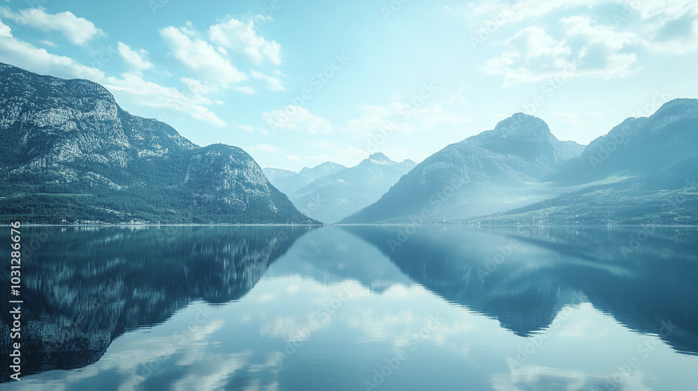 Serene mountain landscape reflecting in calm lake during early morning light Serene mountain landscape reflecting in calm lake during early morning light
