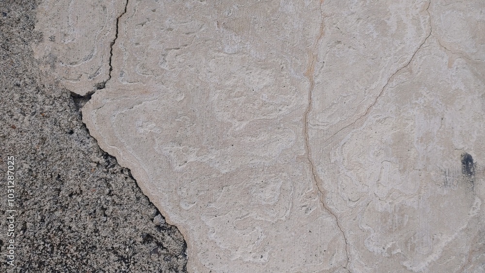 Fototapeta premium A close-up of a cracked and weathered concrete surface, revealing the underlying gravel.