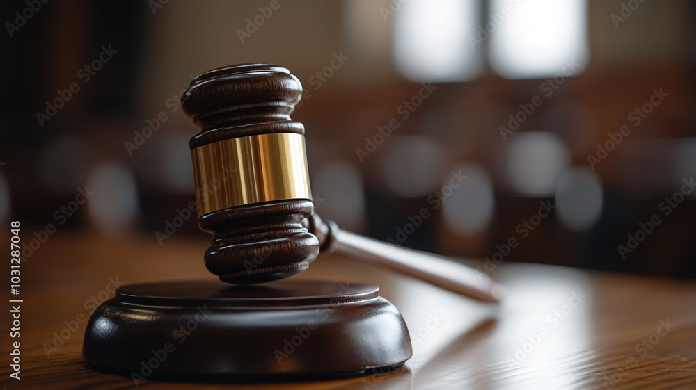 A judge's gavel rests on a wooden desk in a quiet courtroom during a legal proceeding A judge's gavel rests on a wooden desk in a quiet courtroom during a legal proceeding