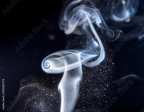 Ethereal smoke swirling in dark tones, creating a dynamic pattern of light and shadow, reminiscent of incense and burning aromas photo