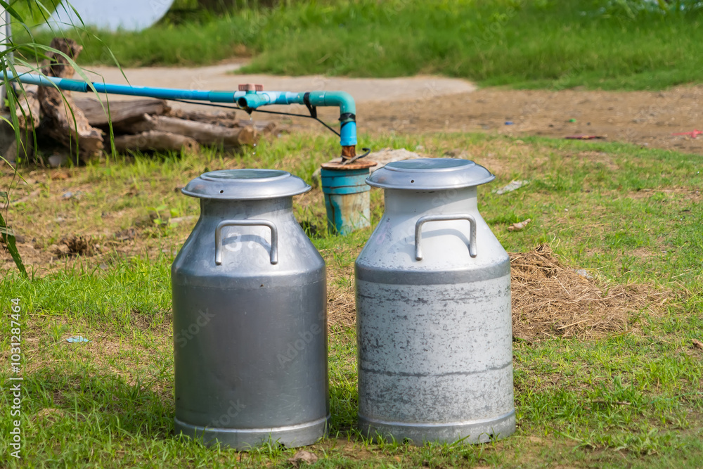 Morning Delivery: Fresh Milk in Stainless Steel Can Morning Delivery: Fresh Milk in Stainless Steel Can