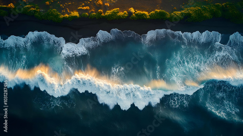 Aerial view of crashing wav...