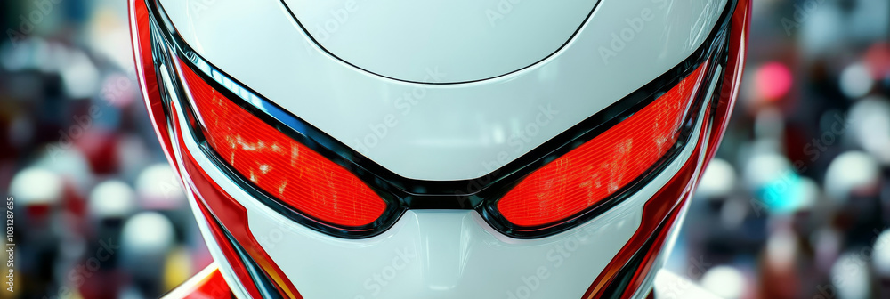 Close-up of a futuristic helmet with red glowing eyes. Close-up of a futuristic helmet with red glowing eyes.