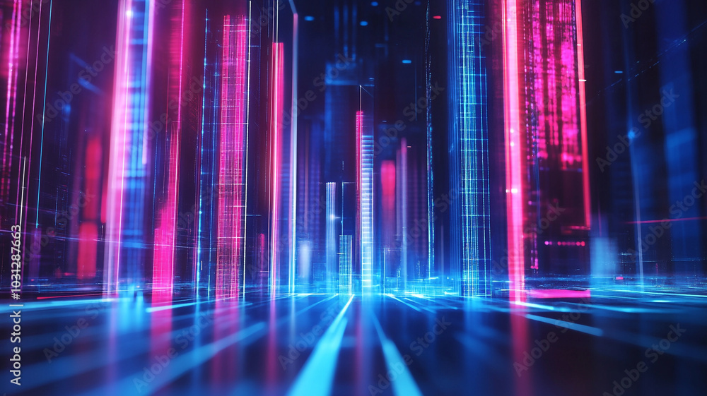Colorful abstract digital cityscape with neon lights at night reflecting futuristic technology Colorful abstract digital cityscape with neon lights at night reflecting futuristic technology