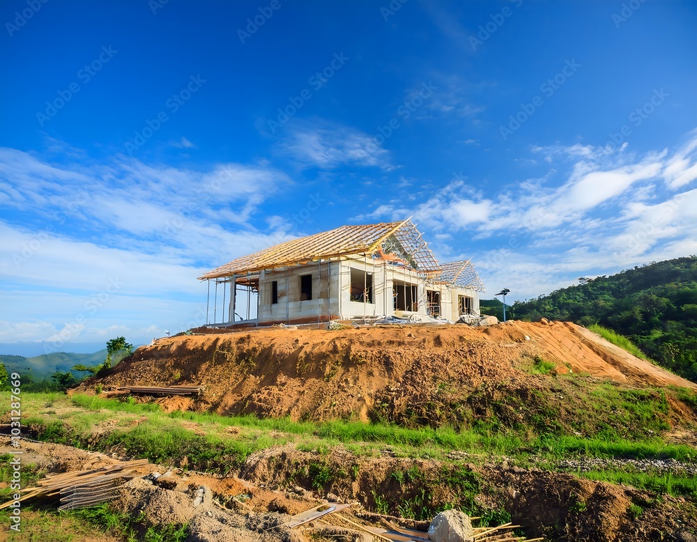 An old house under construction nestled in the mountains surrounded by green fields and trees under a cloudy sky An old house under construction nestled in the mountains surrounded by green fields and trees under a cloudy sky