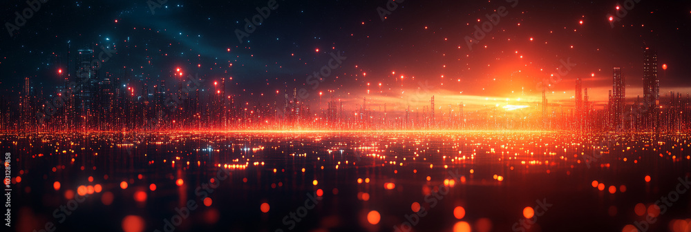 Obraz premium Futuristic cityscape at night, glowing with red lights.