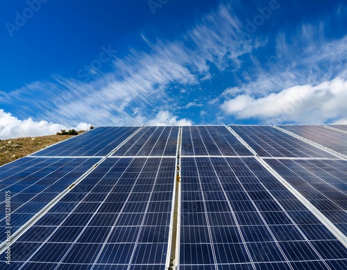 Solar panels harnessing sunlight on a rooftop with a solar power plant in the background, showcasing renewable energy and clean technology against a blue sky photo