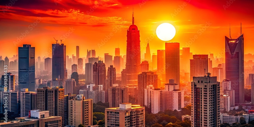 Naklejka premium A fiery sunset casts an orange glow over a skyline of towering buildings, creating a striking contrast between the warmth of the sky and the coolness of the concrete jungle.