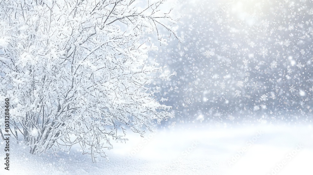 Snow-covered tree branches in a wintery scene with falling snow. Snow-covered tree branches in a wintery scene with falling snow.