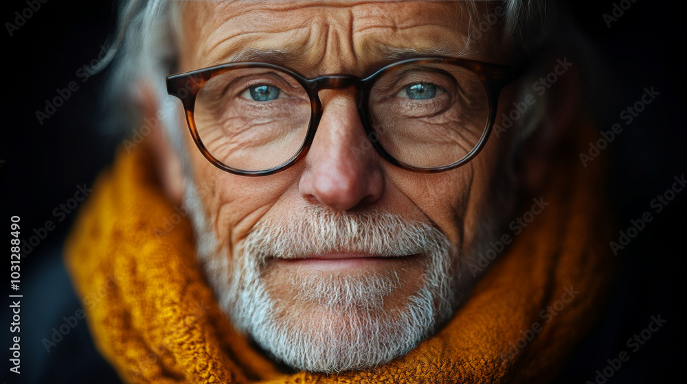 Close-up portrait of a senior man with gray hair, wearing glasses and a mustard yellow scarf. Close-up portrait of a senior man with gray hair, wearing glasses and a mustard yellow scarf.