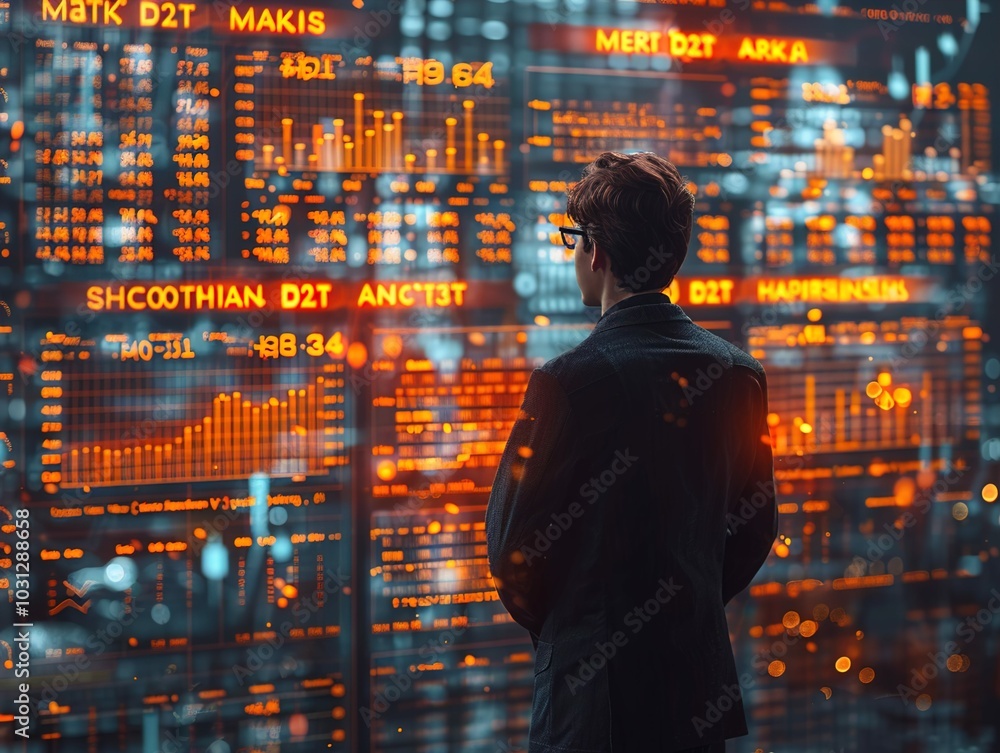 A person analyzing digital data on a screen filled with graphs and statistics. A person analyzing digital data on a screen filled with graphs and statistics.