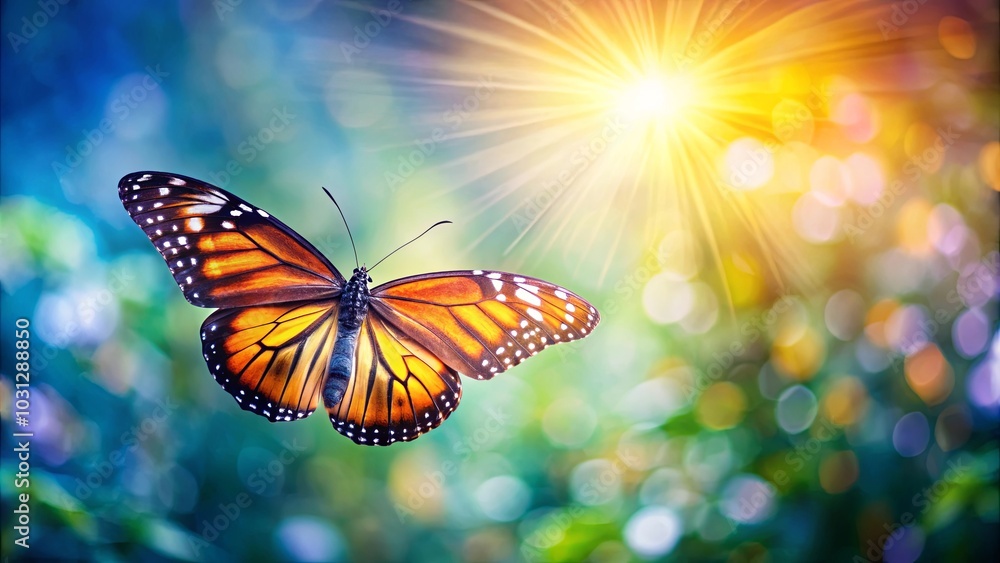 Fototapeta premium A Monarch Butterfly Glides Through a Sunlit Forest, Its Wings Capturing the Golden Rays of Sunlight.