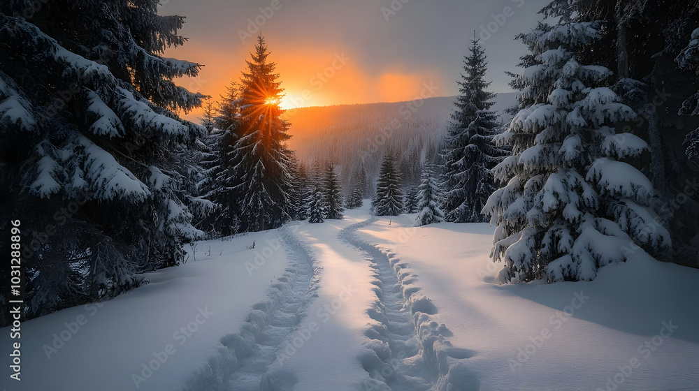 Fototapeta premium Serene winter landscape at sunset with snow-covered paths.