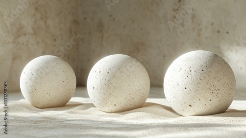 Three white spheres on a textured surface.