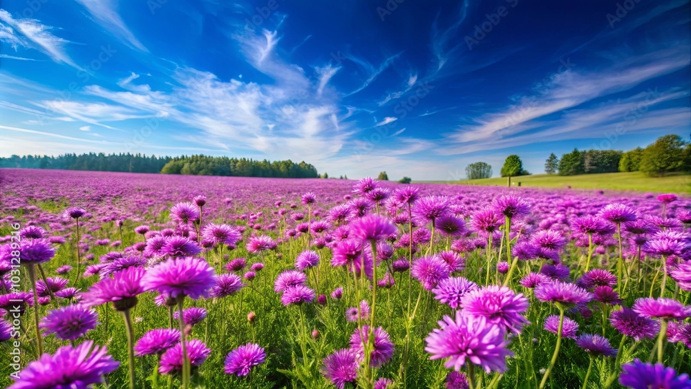 Vibrant Purple Blooms in a Field of Green, Under a Sky of Blue with Wispy Clouds Vibrant Purple Blooms in a Field of Green, Under a Sky of Blue with Wispy Clouds