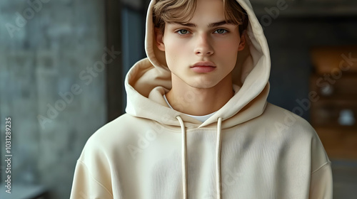 A young man in a beige hood...