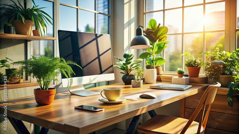 Candid Photography of a Modern Workspace with PC and Productivity Elements Candid Photography of a Modern Workspace with PC and Productivity Elements
