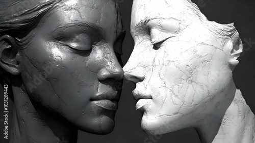 Two sculpted faces in close...