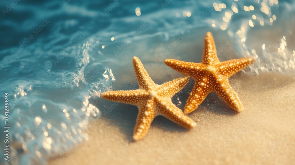 Starfish on the summer beach in sea water. Summer background