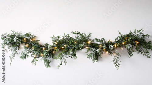 christmas evergreen garland with lights against a white wall