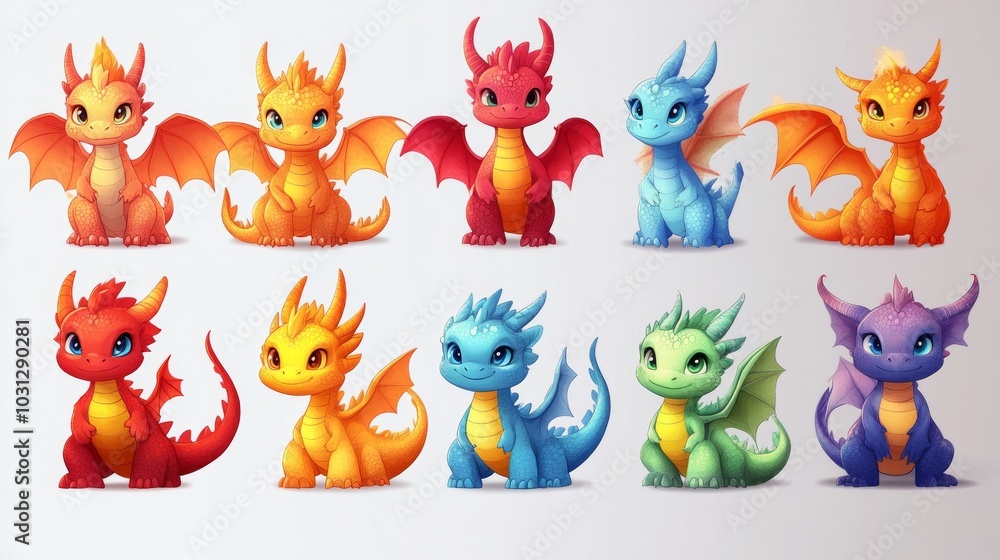 Fototapeta premium set of fantasy baby dragons, funny fairytale reptiles