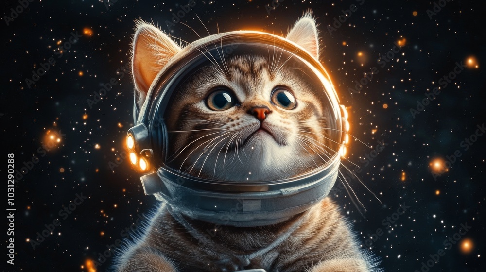 Cute astronaut cat in black space with lights on helmet Cute astronaut cat in black space with lights on helmet