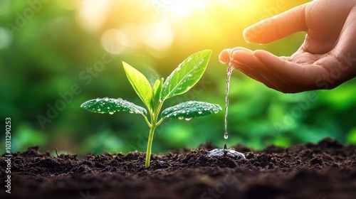 A hand gently watering a small green sprout growing out of rich soil.