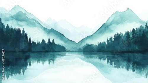 Serene Mountain Lake Reflection in Watercolor Style