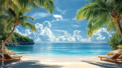 sunny ocean beach with palm trees