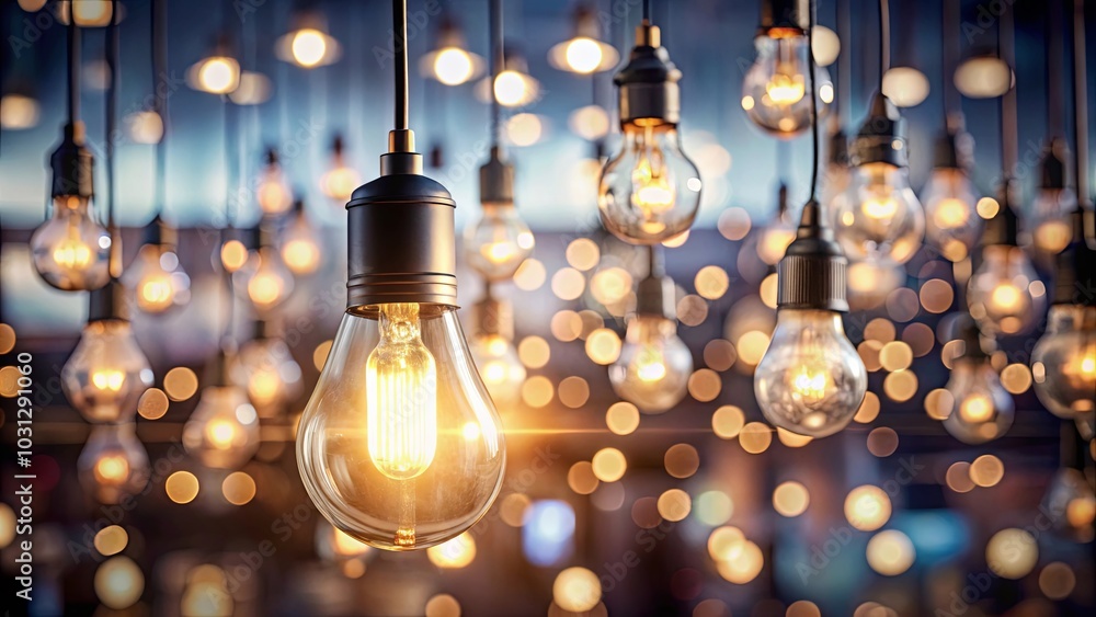 Illuminated Ideas A Gathering of Hanging Light Bulbs Casting a Warm Glow in a Blurred Background Illuminated Ideas A Gathering of Hanging Light Bulbs Casting a Warm Glow in a Blurred Background